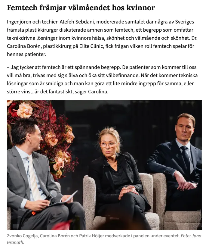 Dr Carolina Borén, plastikkirurg, på Mia Femtech Event